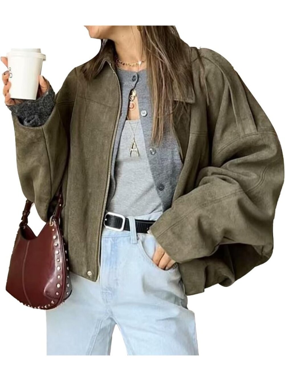 Women's Green Oversized Faux Suede Collared Hidden Zipper Pilot Bomber Jacket